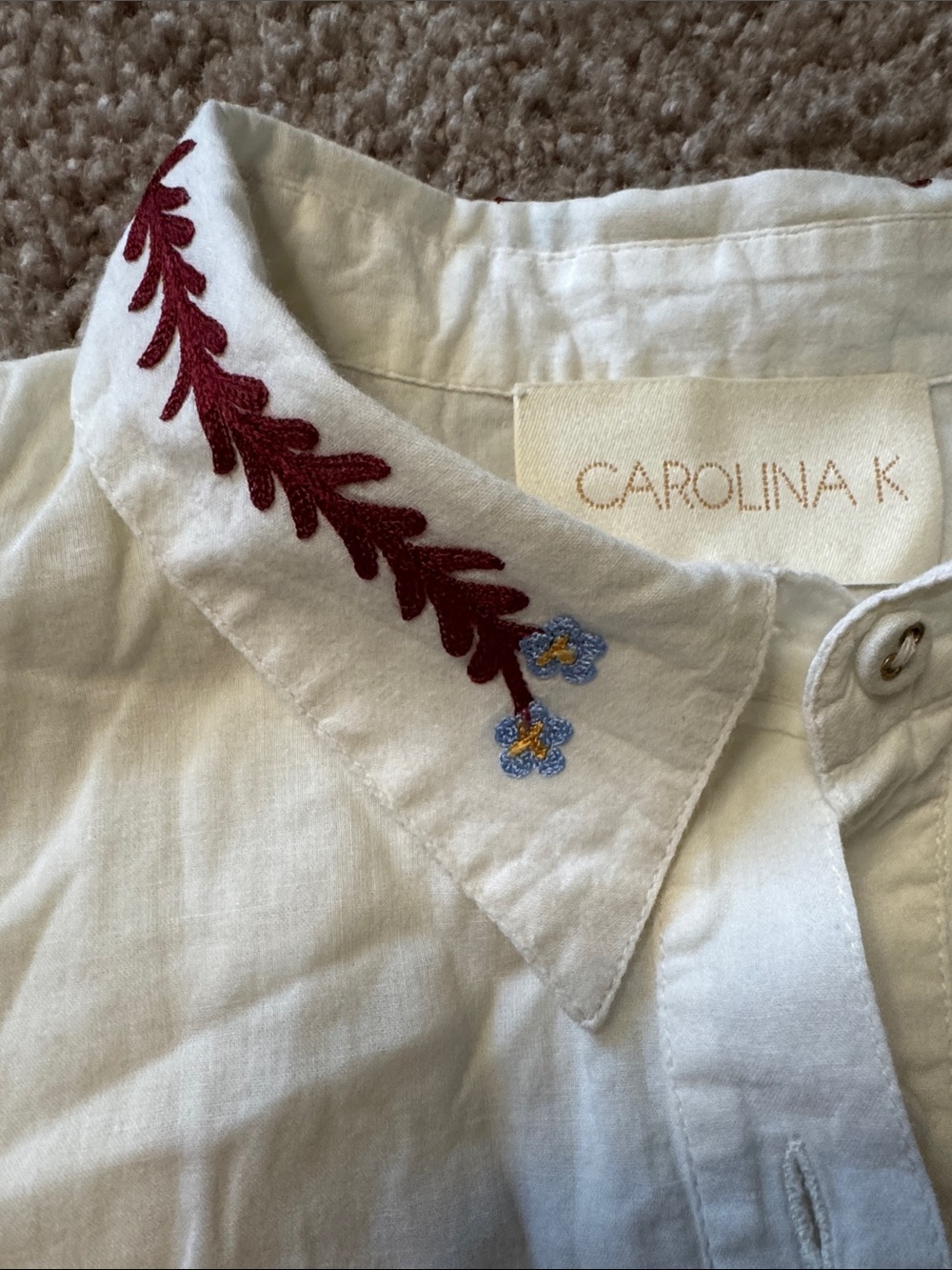 Cream Short-Sleeve Tiered Shirt Dress with Burgundy Trim - Picture 3 of 6